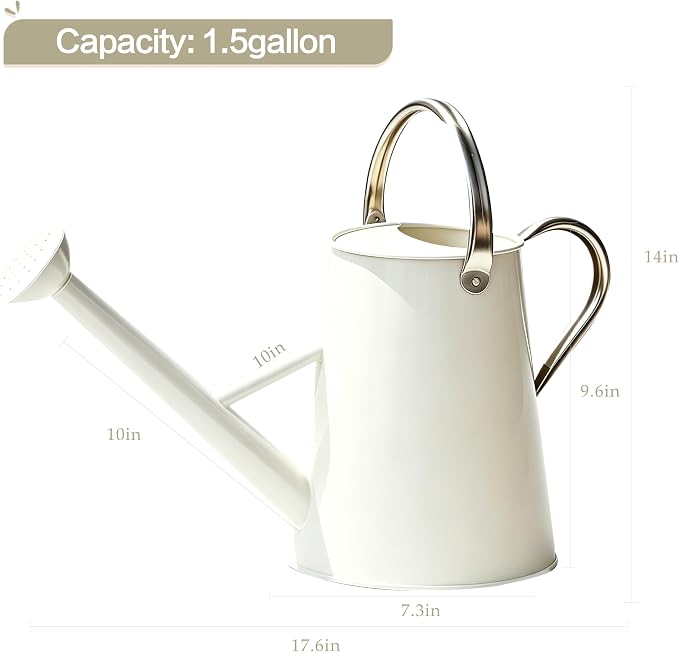 Metal Watering Can with Stainless Steel Handle for Outdoor and Indoor Plants, Watering Can Decor, 1.5 Gallon (White)