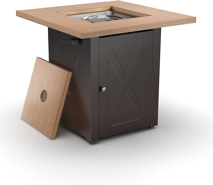Hexago 28 Inch Propane Fire Pit Table, Gas Square Outdoor Fire Table Dinning with Lid, Lava Stone, 50000BTU, ETL Certification, for Outside Garden Backyard Deck Patio