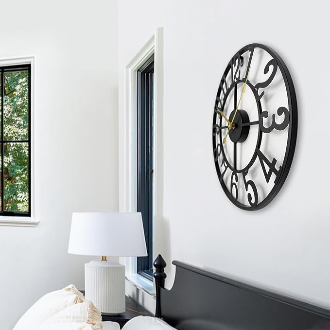 Large Outdoor Clock for Patio - Black Metal Art Arab Decorative Clock for Farmhouse, Kitchen, Porch, Pool Side, Deck, Modern Wall Clock Silent Battery Operated - 16 Inch