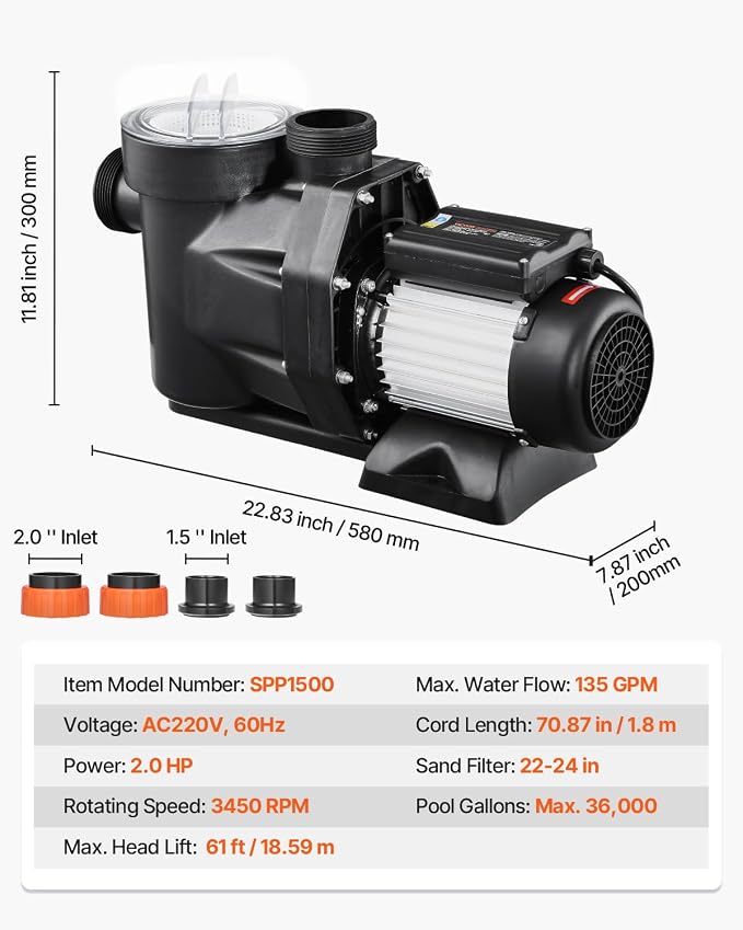 VEVOR In/Above Ground Pool Pump, 2 HP, Self Priming Single Speed Swimming Pool Pump, 220V 3450 RPM 61 ft Max Head Lift with PP Shell Strainer Basket, 122°F Max Water Temp, for Hot Tubs Spas, No Plug