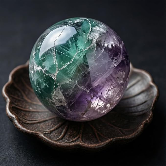 1.6-2 inch Natural Fluorite Crystal Ball with Stand, Hand Polished Colorful Fluorite Sphere, Reiki Healing Gemstone Ball, Home Desktop Decor Ornament, Spiritual Craft Gift