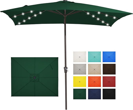 JEAREY 8x10 ft Rectangular LED Lighted Patio Umbrellas Outdoor Solar Table Market Umbrella w/Crank, 8 Sturdy Ribs, UV Protection Waterproof Sunproof(Dark Green)