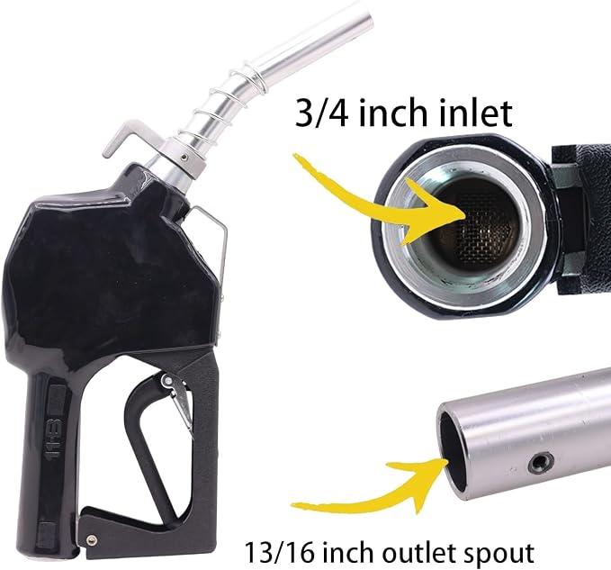 3/4" Inch NPT Auto Fuel Nozzle Automatic Shut Off Pressure Sensitive W/360° Hose Swivel Gas Fuel Transfer Pump Nozzle,13/16" Spout,Copper Valve, 16 gpm Flow Rate for Diesel,asoline,Black+Hook
