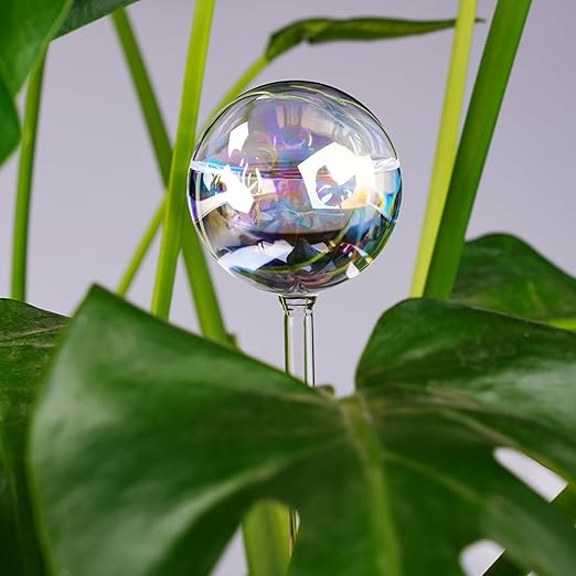 [6 PCS] Light Iridescent Rainbow Gradient Color Clear Glass Self-Watering System Spikes, Automatic Plant Waterer Bulbs