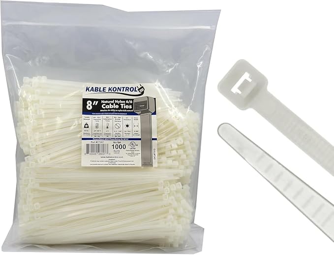 Kable Kontrol Cable Zip Ties Natural White 1000 Pcs 8 Inch, 50 Lbs Tensile Strength, Self-locking Natural Nylon Clear Plastic Wire Ties wraps for Indoor or Outdoor Use