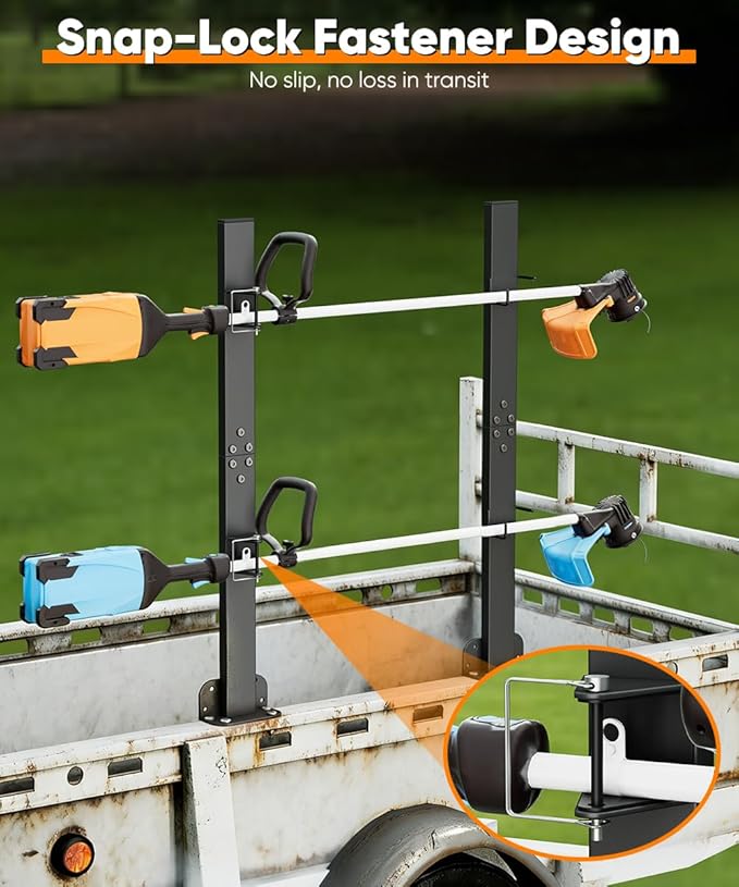 Mondazie 2 Place Weed Eater Rack for Trailer, Utility Open Trailer Trimmer Racks with Lockable Snap Buckle Mount On Landscape Truck Trailer, Weedeater Rack Holder with L-Shaped Base for Lawn Equipment
