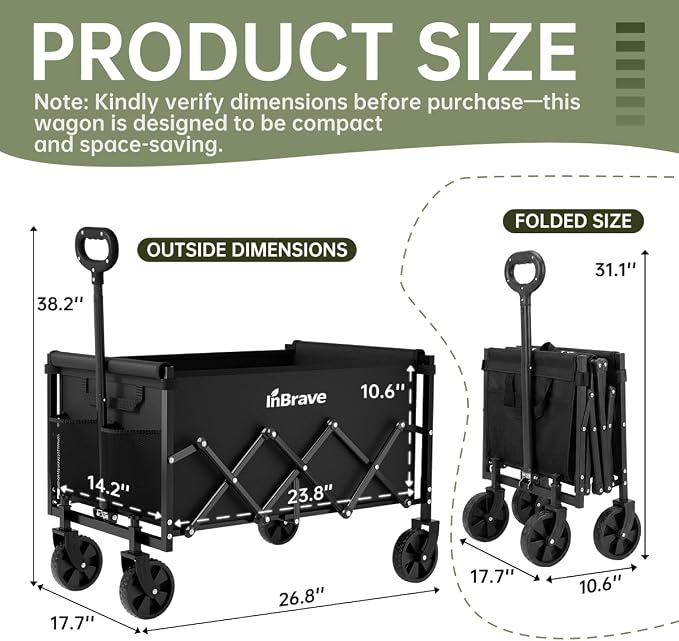 Collapsible Wagon Cart Foldable Beach Wagon with All-Terrain Wheels - 380 LBS Heavy Duty Grocery Cart for Shopping, Beach, Camping, Sports, Garden (Black)