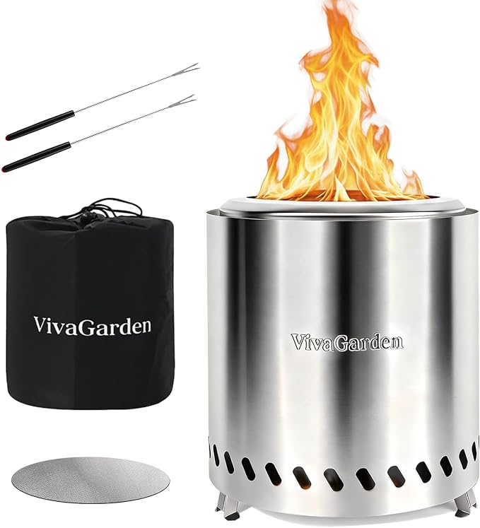 9.5 X 8.6 Inch Tabletop Fire Pit, VivaGarden Portable Firepit, Smokeless Table Top Firepit, Safe Burning Camping Stove, Fueled by Pellets or Wood, Forks, Mat & Travel Bag Included, Silver