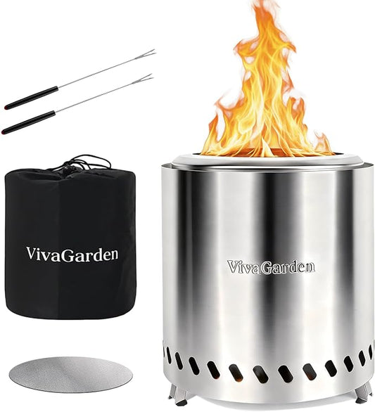 9.5 X 8.6 Inch Tabletop Fire Pit, VivaGarden Portable Firepit, Smokeless Table Top Firepit, Safe Burning Camping Stove, Fueled by Pellets or Wood, Forks, Mat & Travel Bag Included, Silver
