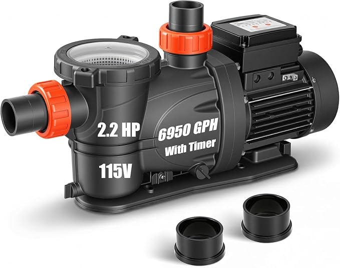 LEO 2HP In/Above Ground Pool Pump with Timer High Flow Powerful Self Priming Pool Pump, 115V 7350GPH, Black