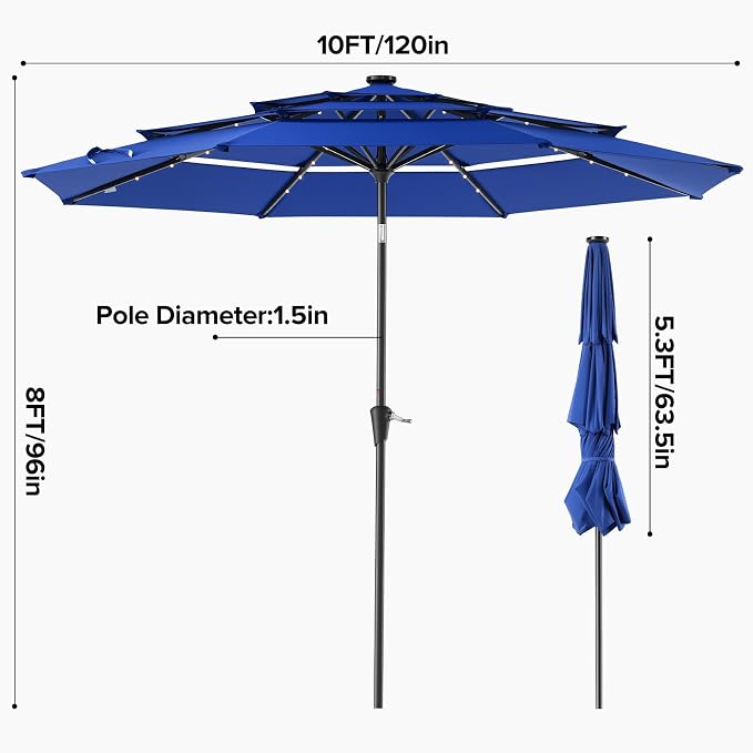 NEWBULIG 10ft Solar Patio Umbrella with 32 LED Lights, Table Market Umbrella with Tilt Adjustment & Crank Lift, Outdoor Sun Umbrella for Garden, Deck, Backyard, Pool and Beach