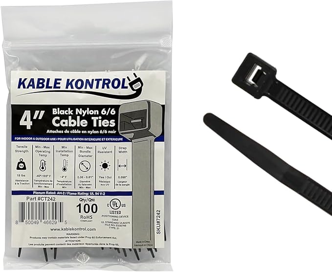 Kable Kontrol Cable Zip Ties 100 Pcs 4 Inch Black, 18 Lbs Tensile Strength, Self-Locking UV Resistant Plastic Nylon Wire Ties, for Indoor or Outdoor Use