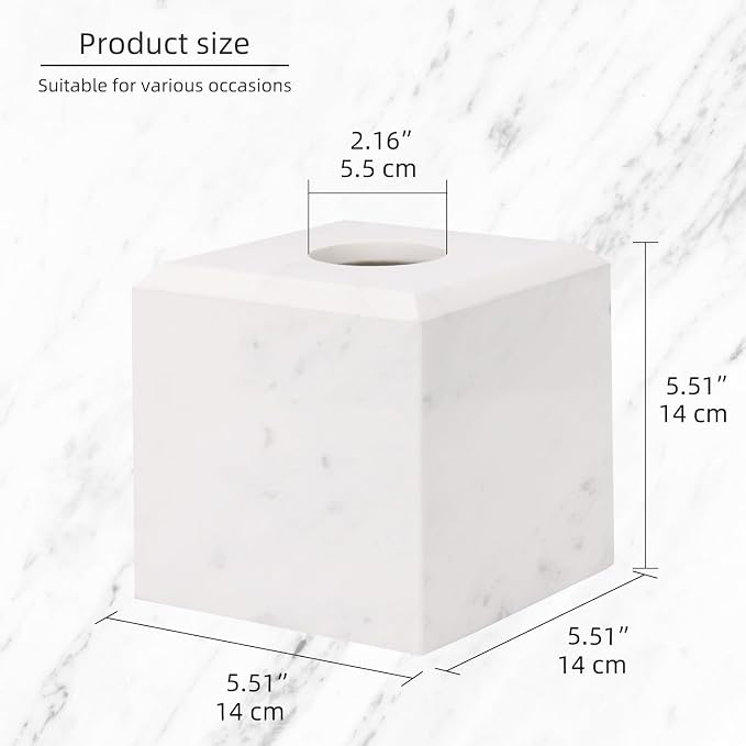 Natural Marble Square Tissue Box Cover,Stone Modern Decorative Sturdy Napkin Box Holder Case,Facial Paper Organizer for Bathroom Vanity Toilet Countertop,Kitchen (1, Jazz White, 5.71 * 5.71 * 5.51)