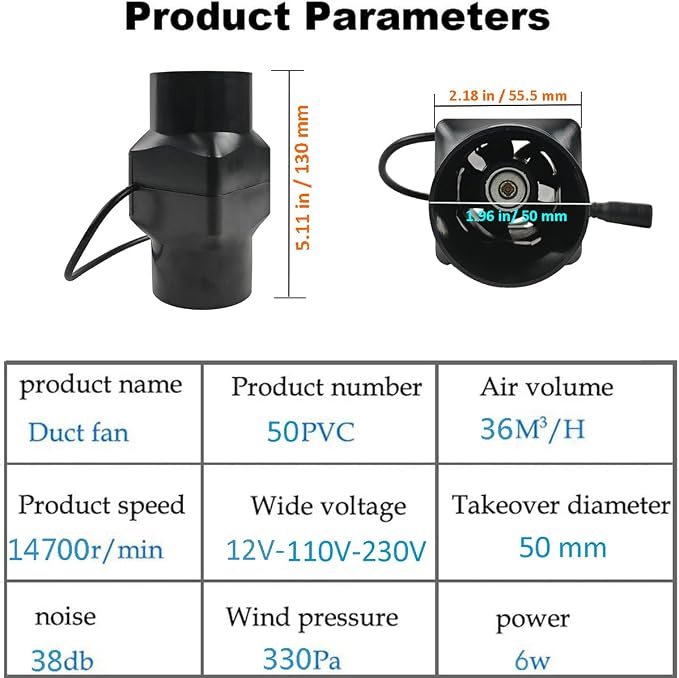 2" Inline Booster Duct Fan, Energy Efficient Ventilation Blower Exhaust Fan with Governor, Compatible with 12V/110V for Air Circulation in Ducting, Vents, Grow Tents, Black-2inch-Duct Fan