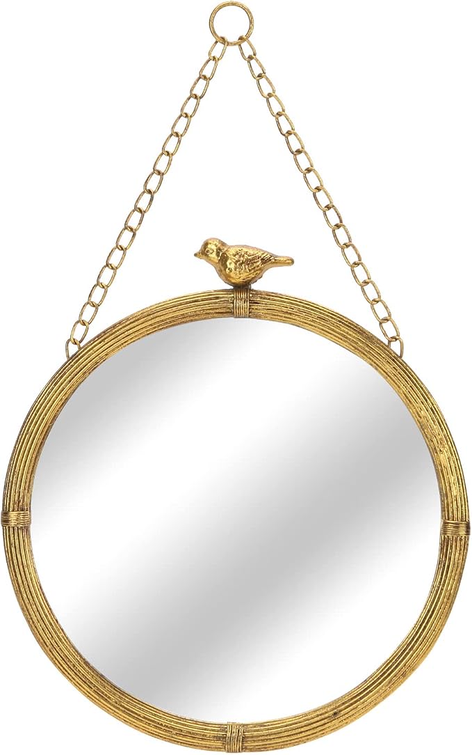 NIKKY HOME 11 Inch Decorative Small Hanging Mirrors Vintage Round Metal Framed Wall Mounted Mirror Decor with Bird for Bathroom Living Room Office, Rustic Gold
