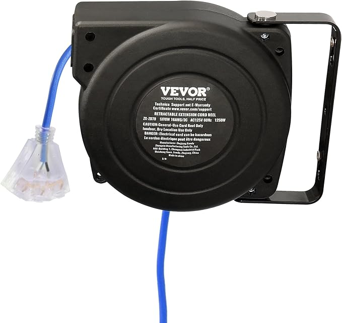 VEVOR Retractable Extension Cord Reel, 30 FT, Heavy Duty 16AWG/3C SJTOW Retractable Power Cord Reel with Lighted Triple Tap Outlet 10 Amp Circuit Breaker, for Ceiling or Wall Mount, Blue