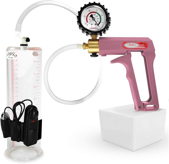 LeLuv Vibrating Penis Pump Maxi - Pink Nylon Handle + Protected Gauge and Clear Hose - 9 inch Length x 2.875 inch Diameter Cylinder