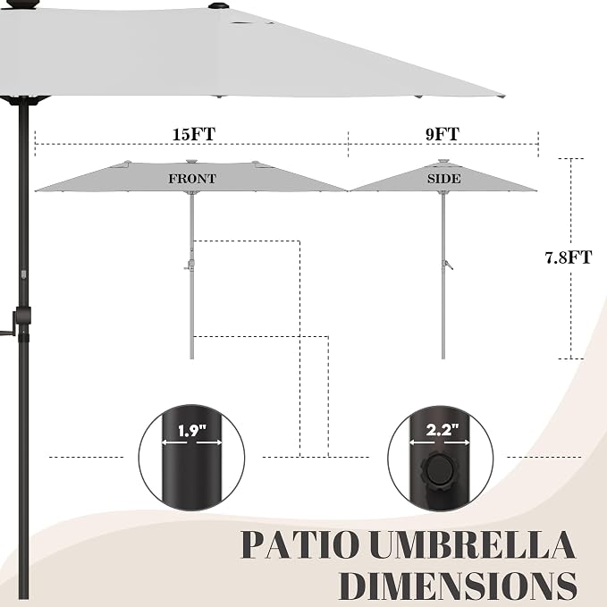 GDPFN 15ft Rectangular Patio Umbrella with Solar LED Lights, Double-Sided Outdoor Market Umbrella Extra Large Shade for Pool, Deck, Backyard, Garden, Light Gray (Base Not Include)