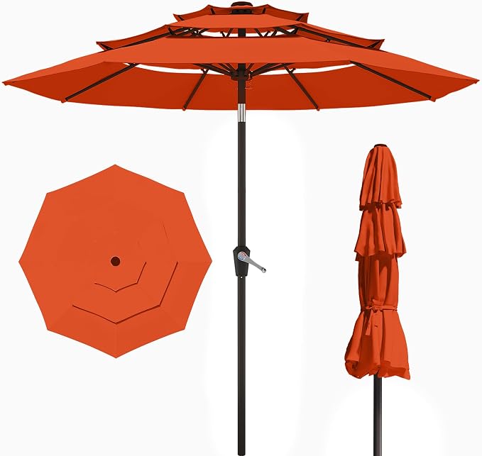 PatioKingdom 9ft 3-Tier Patio Market Umbrella with Crank/Tilt, Commercial Heavy Duty Wind Proof,Outdoor Table Umbrella with 8 Fiberglass Ribs,UPF50+ for Deck,Pool,Garden,Backyard (Orange)