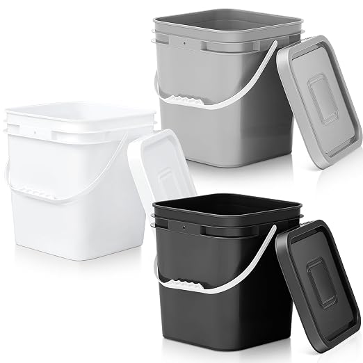 Mumufy 3 Pcs 3.5 Gallon Square Food Grade Bucket with Lid Square Bucket Pail Plastic Handles for Long Term Food Storage, Camping, Fishing, Home Organization Easy Stack and Store (Black,Gray,White)