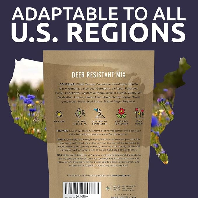 Deer Resistant Wildflower Seed Mixture - Bulk 1 Pound Bag - Over 240,000 Deer Tolerant Seeds - Open Pollinated and Non GMO