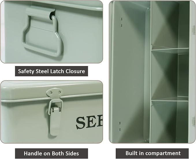 Seed Storage, Metal Seed Box, Seed Storage Organizer Box with Lid & Handle | 4 Compartments Seed Storage Box, Seed Packet Organizer with Safety Locks, Seed Saving Box for Garden Seed Organizer (Green)