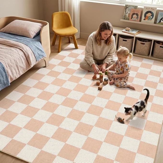 GarveeHome Checkered Blush Beige 5x7 Washable Rug Low-Pile Bedroom Nursery | Non-Slip Blush Beige Soft Stain Resistant Rug for Bedroom Bathroom Living Room Geometric Modern Rug TPE Backing