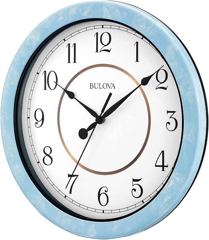 Bulova Skylark Wall Clock C4884 | 10.25" Sky-Blue Resin Case with Cloud Pattern | Silent Sweep Quartz Movement | Battery Operated | Outdoor Waterproof Wall Décor