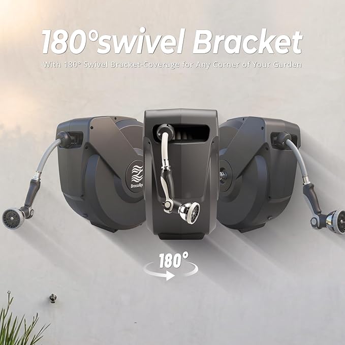 Retractable Garden Hose Reel, 5/8 in x 100ft, Heavy-Duty Aluminum Mount, Auto Rewind, Slow Retract, 180° Swivel, Any Length Lock, 10-Pattern Nozzle