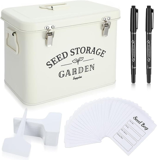 Maitys Seed Storage Container Box with Lid Garden Seed Packet Storage Organizer Decorative with Dividers and 100 Plant Labels 50 Seeding Envelopes 2 Marker Pens(Stylish,8.5 x 5.5 x 6.7)