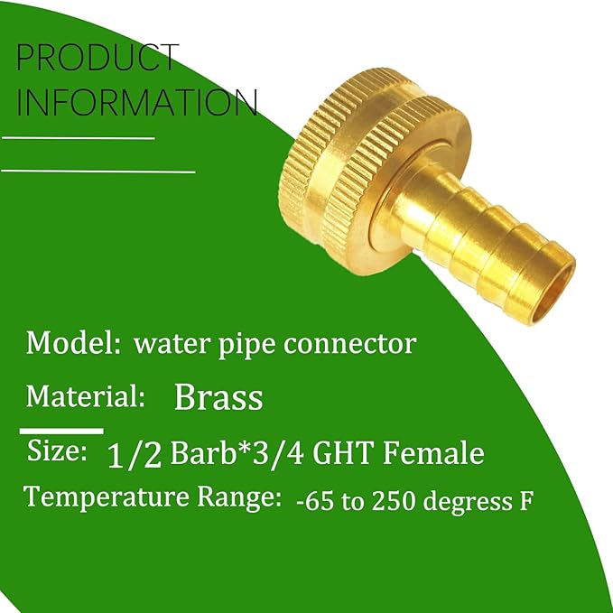Brass Garden Hose Adapter Fitting, 1/2” Barb and 3/4” GHT Female Connector, Heavy-Duty High-Pressure Support, Rust and Corrosion Resistant (4PCS)