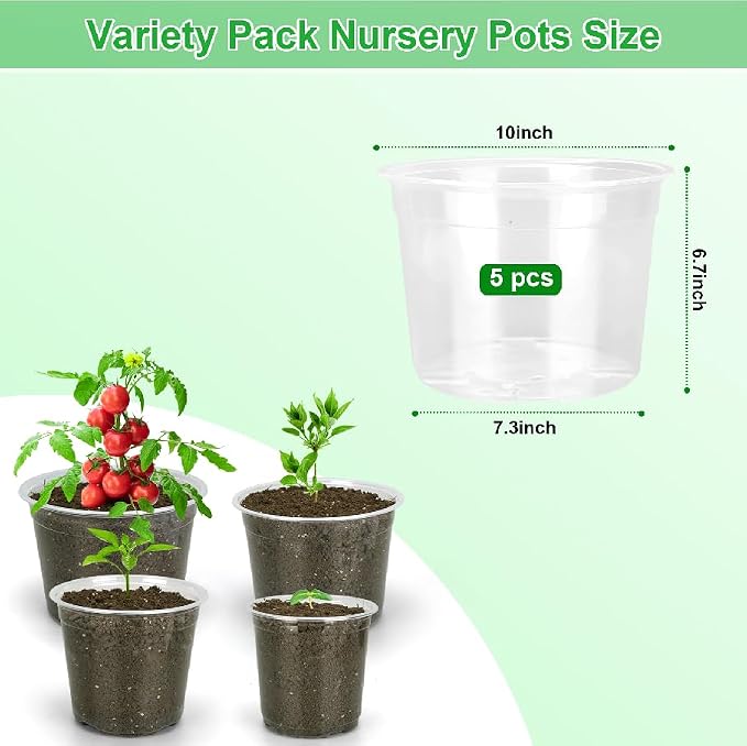 10 Inch Clear Nursery Pots with Drainage Holes, 5 Pack Plastic Pots for Plants, Seedling Starter Pot Variety Pack, Garden Plant Pots for Succulents Flowers Cactus