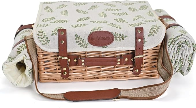 Multifunctional Wicker Picnic Basket Set for 4 with Blanket and Picnic Table, Insulated Picnic Set with Full Tablewares for Camping Outdoor Couples,Leaf