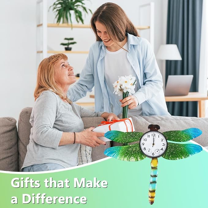 Unique Outdoor Clock Silent None-Ticking, Outdoor Wall Clock with Thermometer & Humidity, Waterproof Outside Clock for Patio, Living Room, Kitchen (Green Dragonfly)