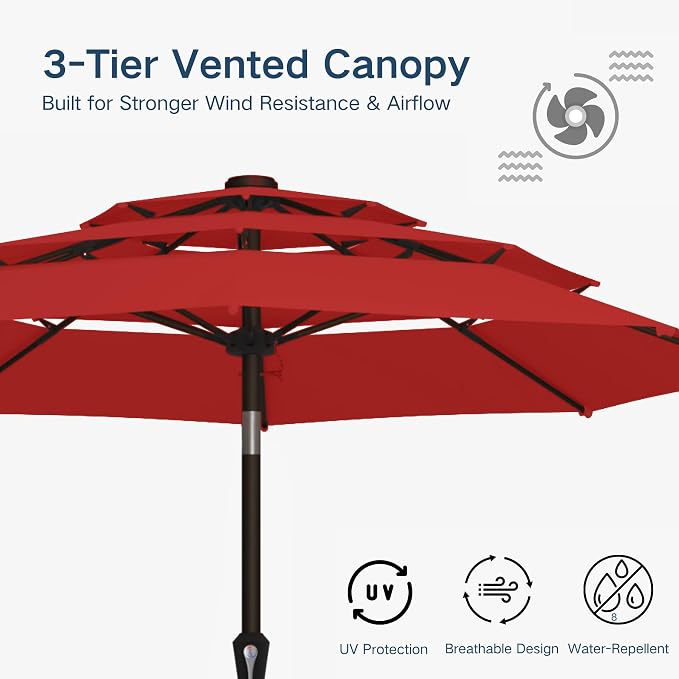 10FT Patio Umbrella 3 Tiers Outdoor Market Umbrella w/Push Button Tilt, Crank, UV and Waterproof Table Umbrella for Garden, Pool, Backyard, Deck, Lawn, Red