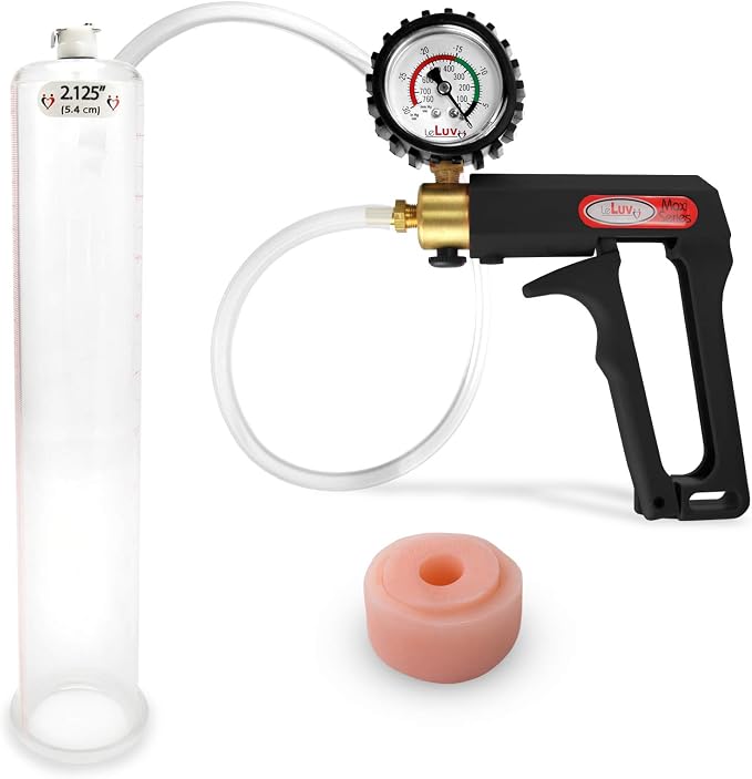LeLuv Penis Pump Maxi Black Handle + Protected Gauge - Bundle with Clear Hose, Silicone Donut Seal - 12 inch Length x 2.125 Inch Diameter Cylinder
