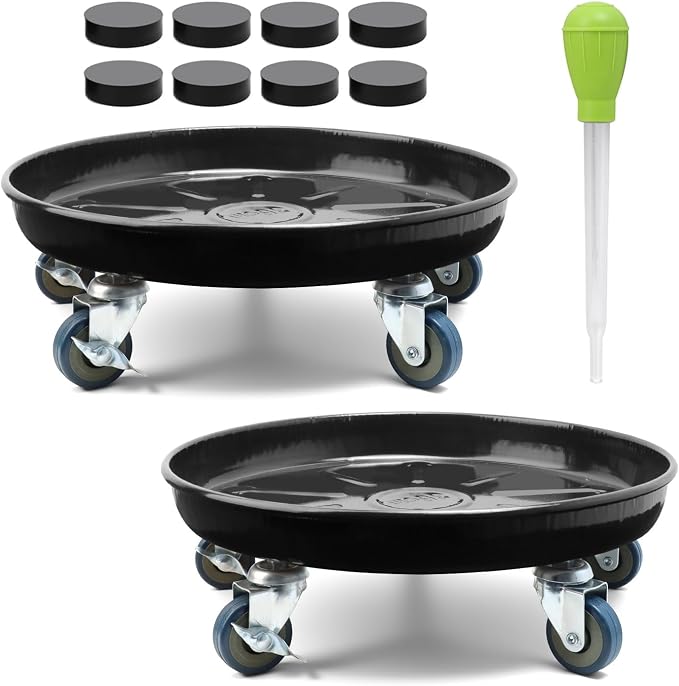 2 Pack 14.6 Inch Metal Plant Caddy With Wheels, Round Rolling Heavy Duty Plant Dolly, Heavy Plant Pot Mover Outdoor or Indoor,Plant Stand with Locking Wheels(Black)