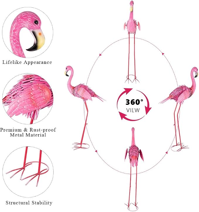 35" Flamingo Garden Statues & Sculptures, Metal Birds Yard Art Outdoor Statue, Large Pink Flamingo Lawn Ornaments for Home, Patio, Backyard Decor