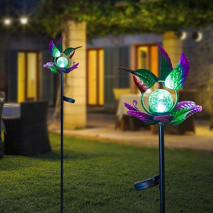 Solar Wind Spinners Outdoor,Green Hummingbird Garden Wind Spinner for Yard Art Lights,Waterproof LED Cracked Glass Ball Pinwheel for Outdoor Yard Lawn Patio Decorations