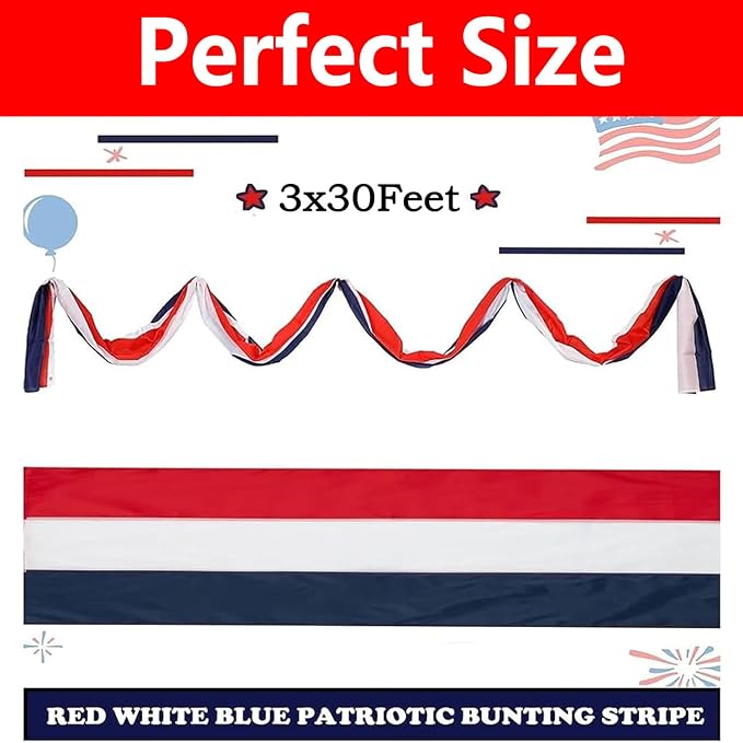 3x30Ft American Bunting Flag Patriotic Decor for Outside USA Celebration 250th Anniversary 4th of July Labor Day and Veterans Day Decorations American Red White Blue Stripe Bunting Banner