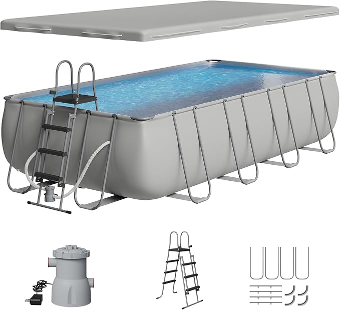 18ft X 9ft Above Ground Pool Set with Removable Ladder and Filter Pump, Rectangular Swimming Pool with Steel Frame for Backyard, Gray