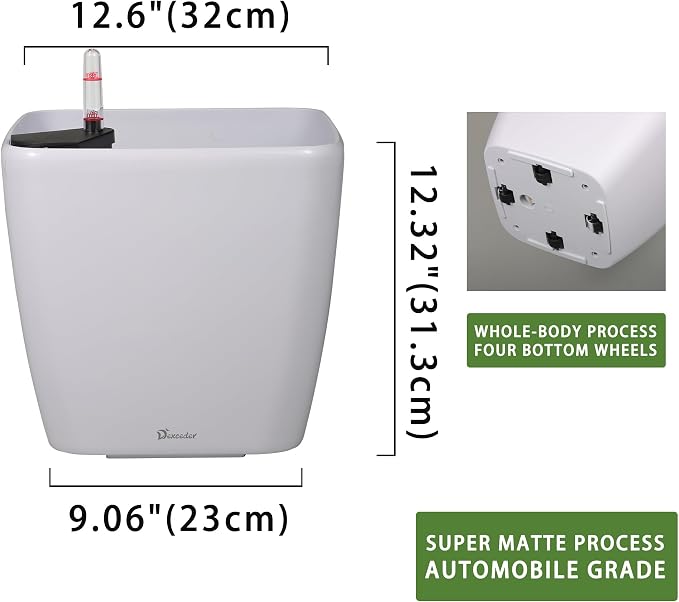 Dexceder 13x12 Self Watering Planter with Wheels (White Matte) | Inner Mat Design, Thickened Large Floor Standing Flower Plant Pot with Water Level Indicator Indoor Outdoor