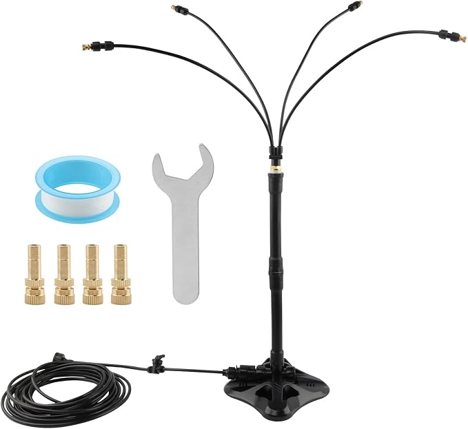 Standing Misters for Outside Patio, 35Inch Adjustable Height Misting Sprinkler with 4 Nozzles, Cooling Misting System Line 26.25FT, Anti-Leak Design, Outdoor Mister for Garden, Backyard, BBQ