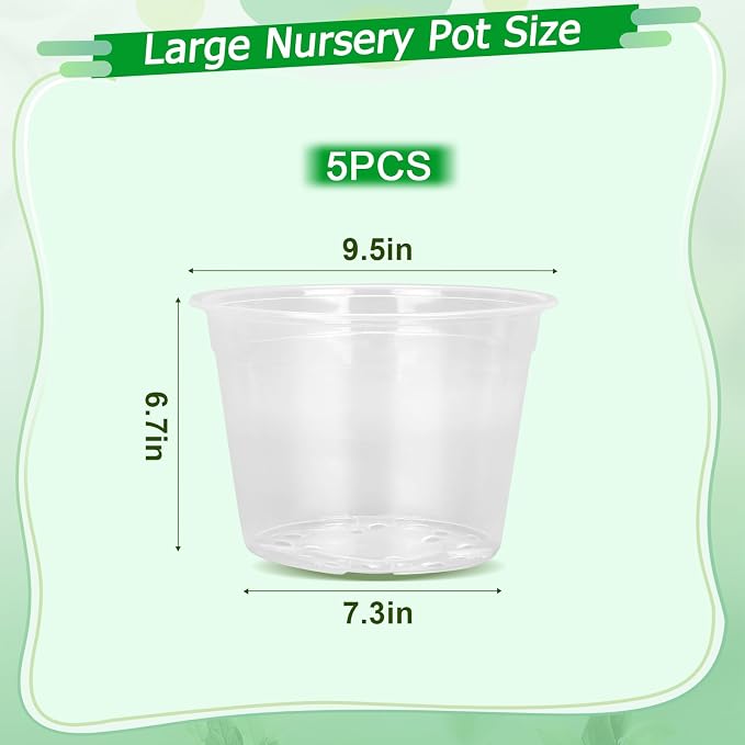 FUIJOL 10 Inch Large Clear Nursery Pots with Drainage, 5 Pack Clear Plastic Nursery Pots for Plants, Garden Seedling Starter Plant Pots for Succulents, Flower & Vegetable (10inch-5Pack)