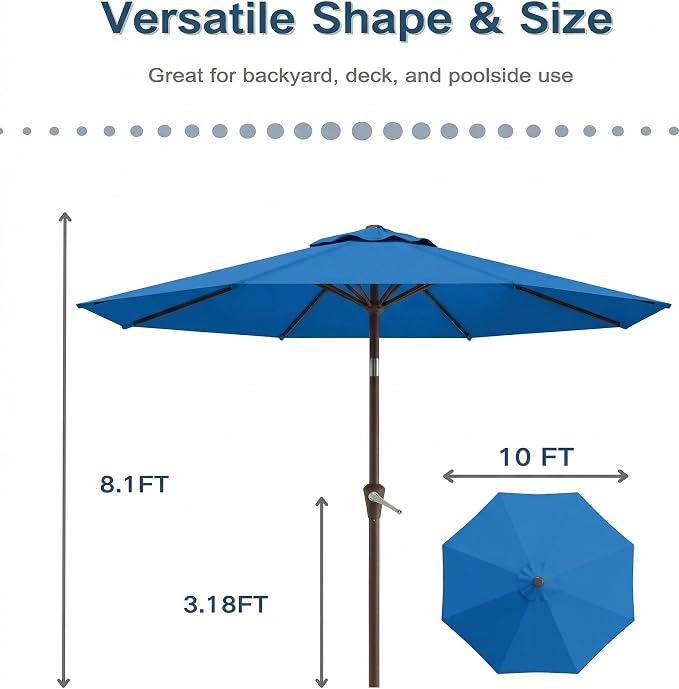 PatioKingdom 10FT Patio Umbrella with Push Button Tilt and Crank, Outdoor Market Umbrella with 8 Fiberglass Ribs, UV Protection Table Umbrella for Pool,Backyard,Garden,Deck