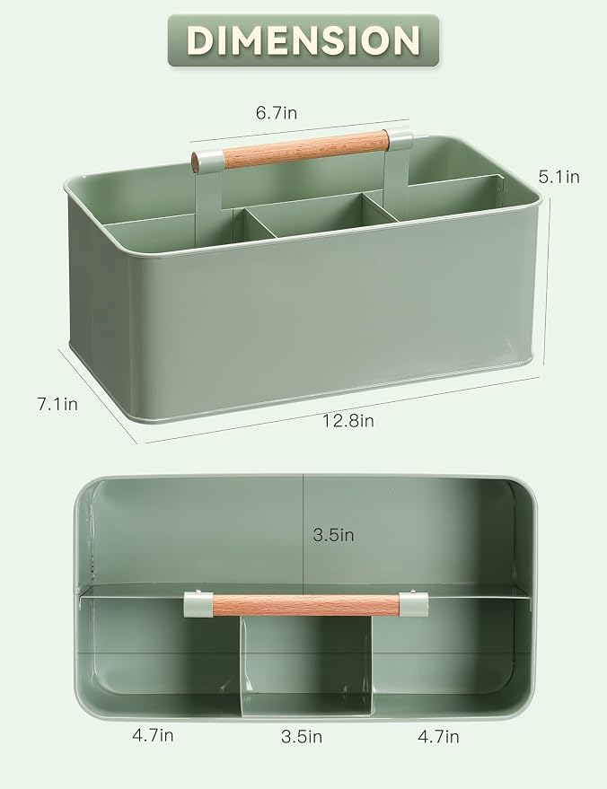 Gardening Tool Caddy, Garden Tool Basket with 4 Compartments, Metal Garden Caddy with Wooden Handle for Indoor & Outdoor