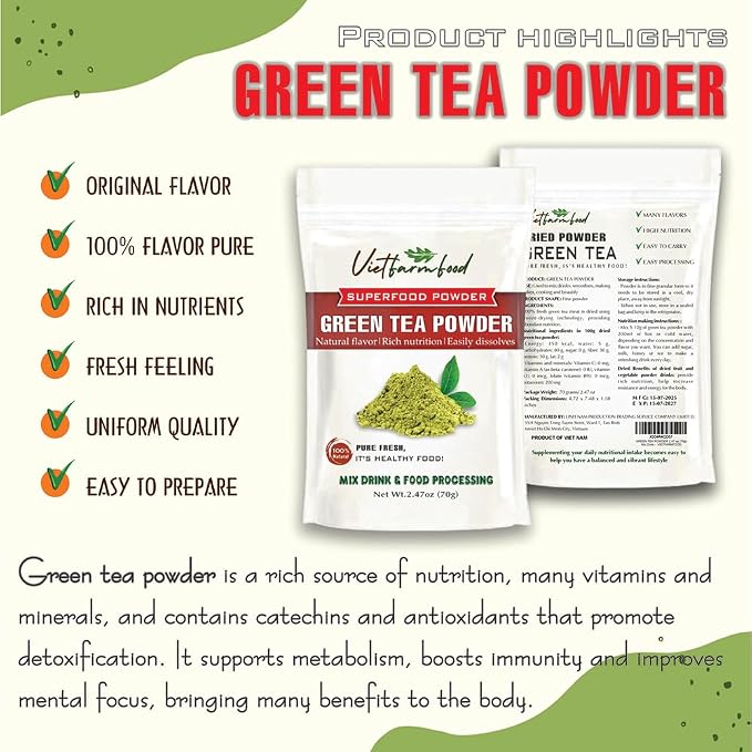 GREEN TEA POWDER 2.47 oz (70g) VIETFARMFOOD: Pure freeze-dried fruit powder, made from real fruit with no added sugar - Perfect for daily nutrition to keep your body full of vitality.