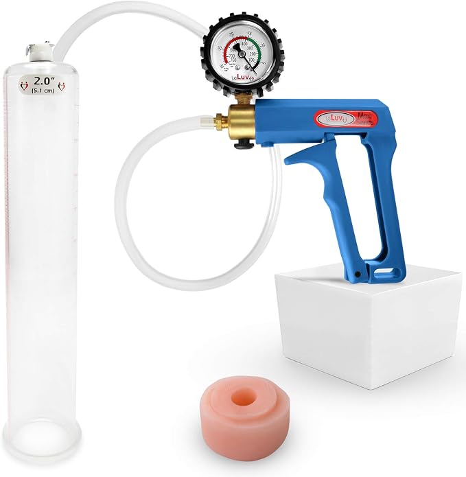 LeLuv Penis Pump Maxi Blue Handle + Protected Gauge - Bundle with Clear Hose, Silicone Donut Seal - 12 inch Length x 2 inch Diameter Cylinder