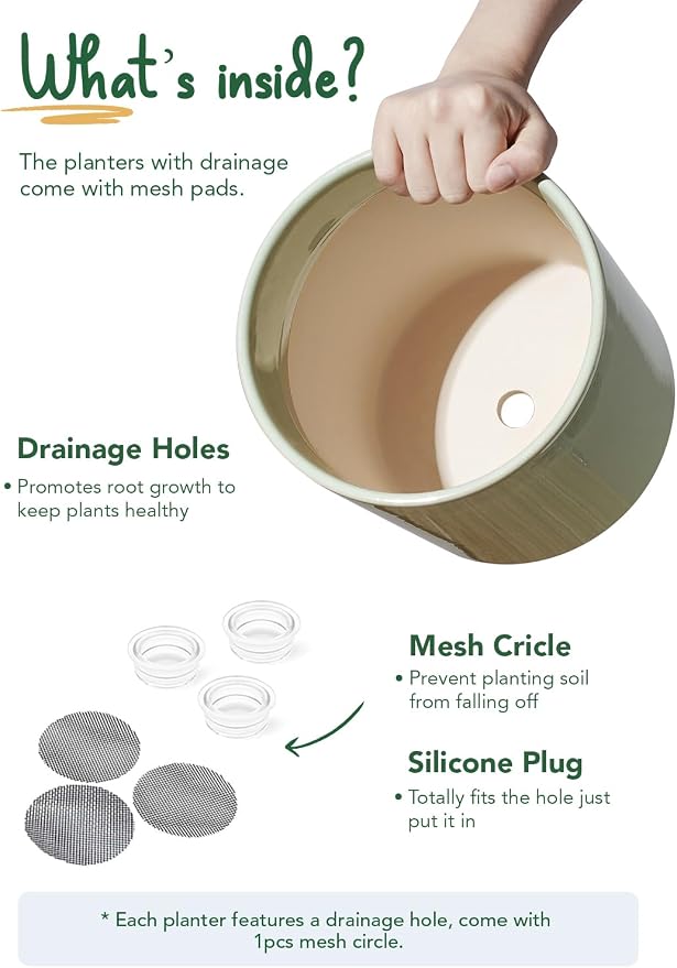 LE TAUCI 10+8+6 Inch Ceramic Pots for Plants, Indoor Planters with Drainage Hole and Plug, Modern Cylinder Flower Pots Set of 3 for Living Room and Kitchen, Glossy, Sage Green