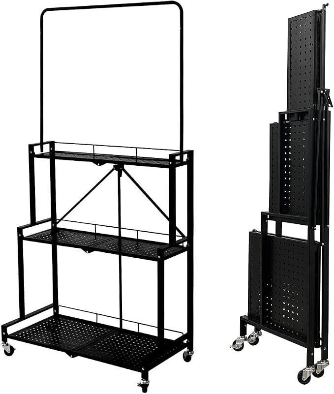 lumizone Foldable 4-Tier Plant Stand With Wheels Indoor Outdoor Black | Hanging Plant Shelf No Assembly Required Pot Placement Area Sturdy Fall Prevention Storage Shelf Flower Pot Stand
